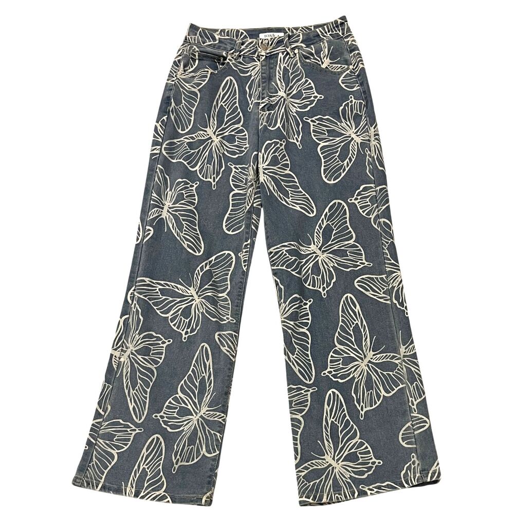 Toxica by Mitzi Michel Butterfly Print High-Waisted Wide-Leg Denim Jeans Sz 5